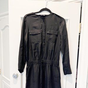 Vince Satin Black Dress Long Sleeve Drawstring Waist XS